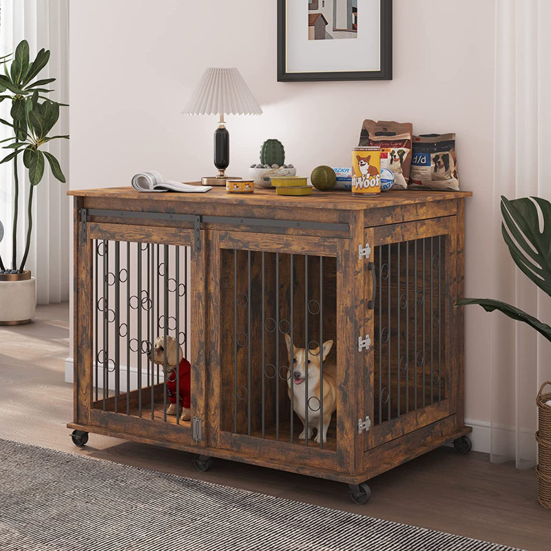 Tucker Murphy Pet Large Dog Crate Furniture With Sliding Door Wooden Dog Kennel Indoor With Partition Dog Cage With Flip Up Top And Wheels Double